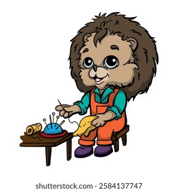 Hedgehog tailor sews clothes. Studying professions for children. Bright vector illustration for children's book, card, poster