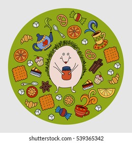 Hedgehog and tea. Colorful vector hand drawn doodle cartoon