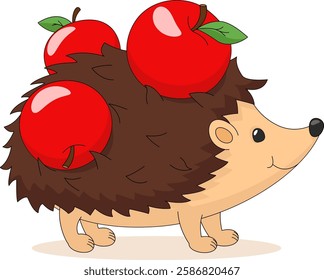 Hedgehog with three red apples on his back close-up on a white background. Character