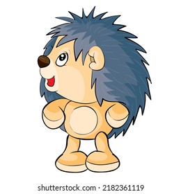 hedgehog toy stands on two legs and looks to the side, cartoon illustration, isolated object on a white background, vector, eps