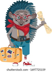 Hedgehog traveler with a suitcase holds a map in his hand.Vector illustration. Isolated on a white background.
