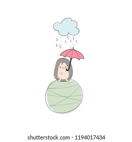 Hedgehog with an umbrella under the rainy cloud on a small planet. Hand drawn vector illustration  for nursery art, greeting/invitation cards and printed or web products design or other purposes.