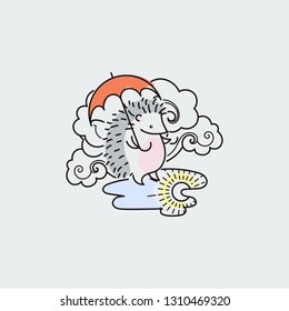 Hedgehog with an umbrella under the rainy cloud on puddle. Line image vector illustration for nursery art, greeting or invitation cards and printed or web products design or other