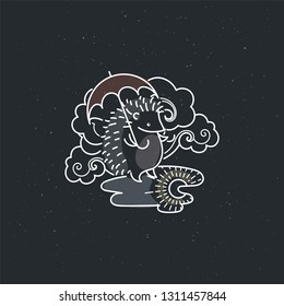 Hedgehog with an umbrella under the rainy cloud on puddle. Line image vector illustration for nursery art, greeting or invitation cards and printed or web products design or other