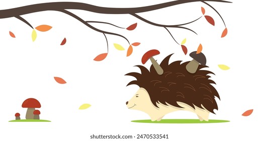 Hedgehog under Maple Tree Branch in Autumn. Nature and wildlife concept vector art