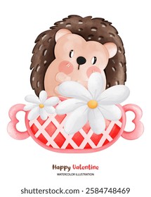 A Hedgehog valentine, Cute hedgehog in basket with flowers for Valentine Day