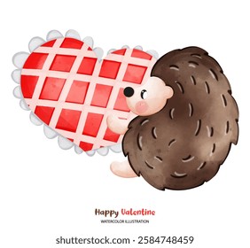 A Hedgehog valentine, Cute hedgehog holding heart shaped treat, perfect for Valentine Day. This watercolor illustration captures playful and loving spirit