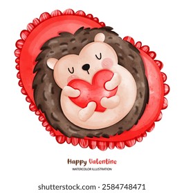 A Hedgehog valentine, cute hedgehog holding heart in red background, perfect for Valentine Day. This watercolor illustration conveys warmth and affection