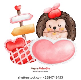 A Hedgehog valentine, cute hedgehog holding hearts, surrounded by Valentine decorations and signs. Perfect for romantic themes and celebrations