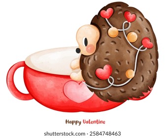 A Hedgehog valentine, cute hedgehog resting in red cup with hearts, celebrating Valentine Day. Perfect for love themed designs