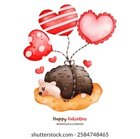 A Hedgehog valentine, Happy hedgehog with heart balloons in watercolor illustration, perfect for Valentine Day. This charming design captures love and joy in delightful way