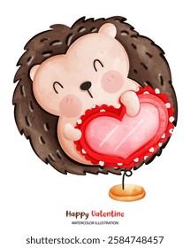 Um Hedgehog namorados, Hedgehog feliz segurando balão em forma de coração, celebrando o amor e a alegria. Esta encantadora ilustração aquarela captura essência do Dia dos Namorados