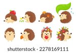 Hedgehog vector cartoon prickly animal character with love heart. wildlife illustration set of hedgehog-tenrec sleeping or playing in forest isolated on white background. Happy autumn forest mammals