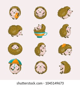 Hedgehog vector cartoon prickly animal character in autumn illustration set of sleeping hedgehog-tenrec baby isolated on white background