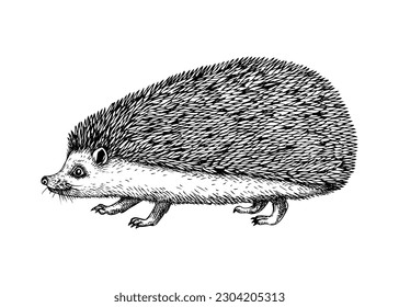 Hedgehog vector sketch. Hand drawn wildlife illustration in engraved style. Mammal isolated on white background. Black and white animal drawing for print, poster, card, cover.