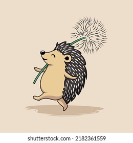 Hedgehog Walking with Dandelions Flower Cartoon Porcupine