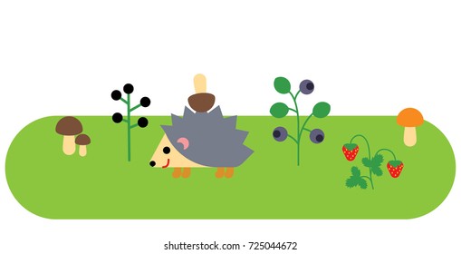 Hedgehog walking in the forest. Blueberries, strawberries and mushrooms in the grass. Vector illustration