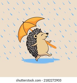 Hedgehog Walking in the Rain with Umbrella Cartoon Porcupine