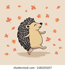 Hedgehog Walking Through Autumn Leaves Cartoon Porcupine 