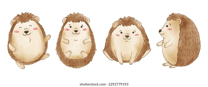 Hedgehog . Watercolor painting design . Set of cute animal cartoon character . Vector .