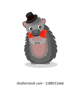 Hedgehog wearing black hat and red bow tie, cute animal cartoon character vector Illustration on a white background