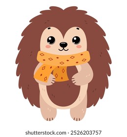 Erizo con bufanda caliente. Сute animal del bosque del invierno, aislado en el fondo blanco. Ilustración vectorial plana. Diseño de invierno y otoño, etiqueta engomada del emoticono del Clima frío.