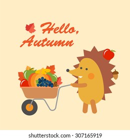 Hedgehog wheels in a barrow with fruits and vegetables, hello autumn concept,  vector illustration