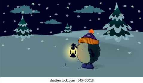 Hedgehog in the winter night.Sweet looking hedgehog with cap and lantern.Holiday card vector illustration