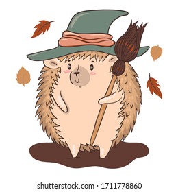 Hedgehog in a witches hat with a broom isolate on a white background. Halloween illustration. Vector graphics.
