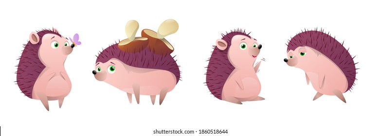 Hedgehog in woods whith mushrooms set. Cartoon prickly animal  in different poses on a white background. Cute hedgehog with apple and mushrooms. Vector illustration