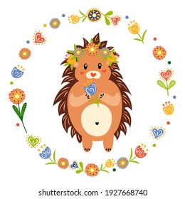 A hedgehog with a wreath and a flower in his hands. Hello spring. Cute character. Vector illustration. Isolated objects on a white background. Template for your design.