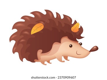 Hedgehog. Erizo con hojas amarillas sobre agujas. 3d clipart aislado en fondo blanco.