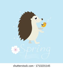Hedgehog with yellow little bird. Blue background. Illustration simple vector graphic design.
