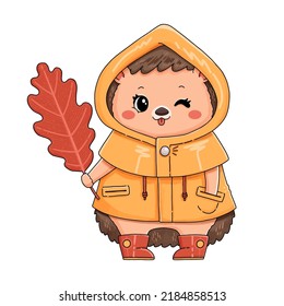 Hedgehog in yellow raincoat with red leaf vector
