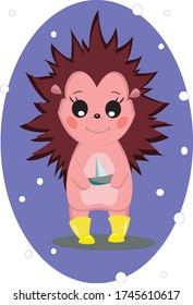 hedgehog in yellow slippers with a boat