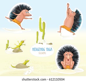 Hedgehog yoga sticker set. Vector cartoon illustration