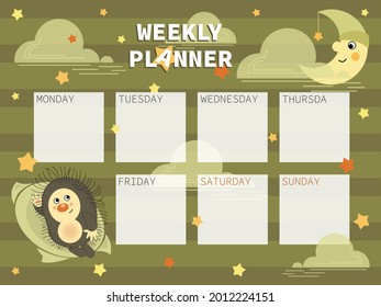 Hedgehog. Young Month. Childrens Organizer With Cute Funny Characters For Weekly Planning And A Place For Text. Week Starts On Sunday.