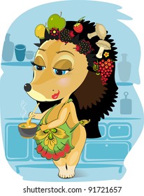 The hedgehog-cook cooks on kitchen among vegetables and fruit
