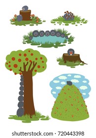 hedgehogs, animal, nature, tree, hump, pond, vector illustration 