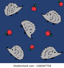 Hedgehogs with apples and mushrooms. Seamless vector pattern. Hand drawing texture