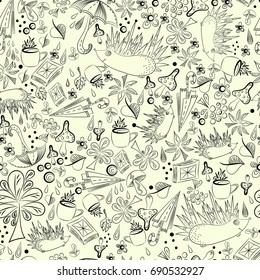 Hedgehogs in autumn. Seamless pattern, black contour, hand-drawn