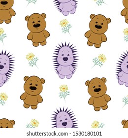 Hedgehogs and bears. Seamless pattern. Color image of little animals and daisies.