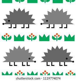 Hedgehogs with berries and grass, colored geometric shape vector seamless pattern on white background