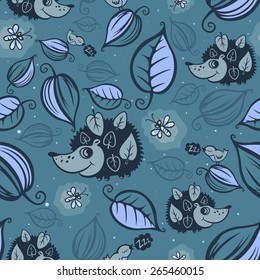 Hedgehogs and birds in the night forest. Pattern seamless.