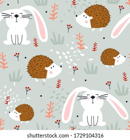 Hedgehogs, bunnies, hand drawn backdrop. Colorful seamless pattern with animals. Decorative cute wallpaper, good for printing. Overlapping colored background vector. Design illustration