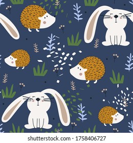 Hedgehogs, bunnies, hand drawn backdrop. Colorful seamless pattern with animals. Decorative cute wallpaper, good for printing. Overlapping colored background vector. Design illustration