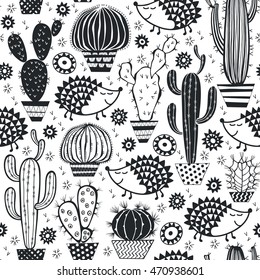 Hedgehogs & cactus. Seamless vector pattern. Stylish black and white illustration.