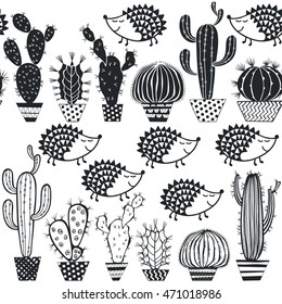 Hedgehogs & cactus. Seamless vector pattern. Stylish black and white illustration.