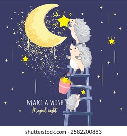 hedgehogs collect stars, make a wish, magic night, stairway to heaven, moon, moonlight, magical, children, cute hedgehogs, little hedgehog, stars, night, fairy tale, pattern for clothes, pajamas