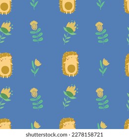 Hedgehogs in colors in pastel colors, warm blue color background. Seamless pattern for printing on paper, fabric. For scrapbooking, merch, postcards, wrapping paper, notebooks, mugs.